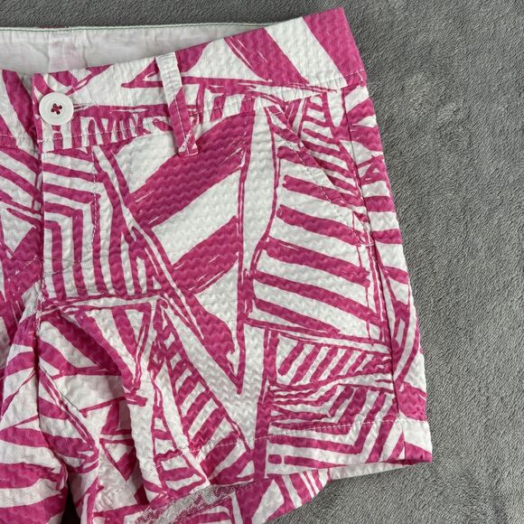 Lilly Pulitzer Shorts Womens 00 Pink White Callahan Tropical Print Seersucker - Picture 4 of 15